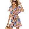 Women Casual Swim Cover up Short Sleeve Mini Beach Dress