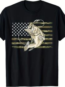 Fishing Camouflage American Flag Bass Fisherman Camouflage T-shirt (Color: Black, size: L)